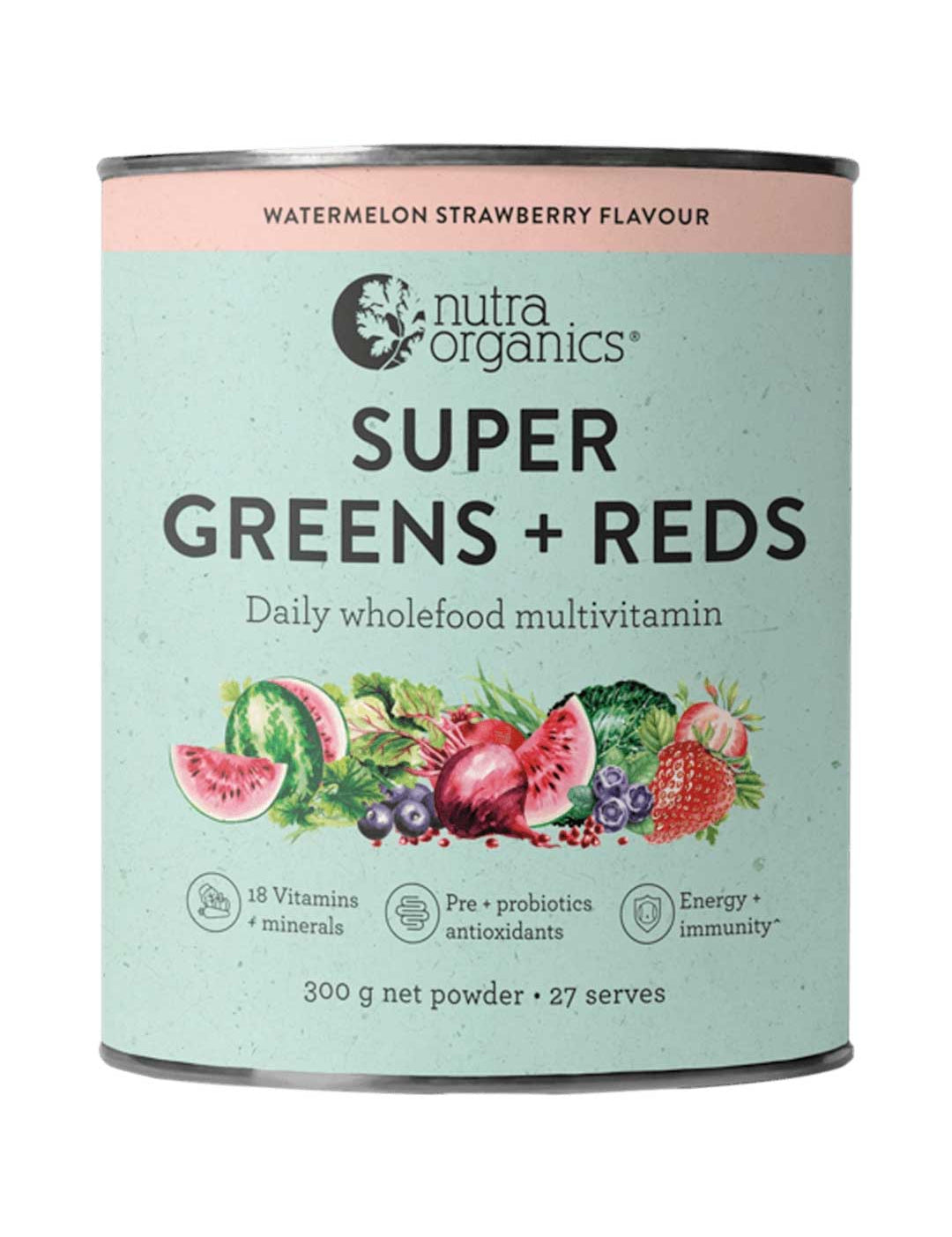 A 300g canister of Nutra Organics Super Greens + Reds Watermelon Strawberry provides 27 serves, features 18 vitamins and minerals, antioxidants, probiotics, immune support, and fruit images on the label.