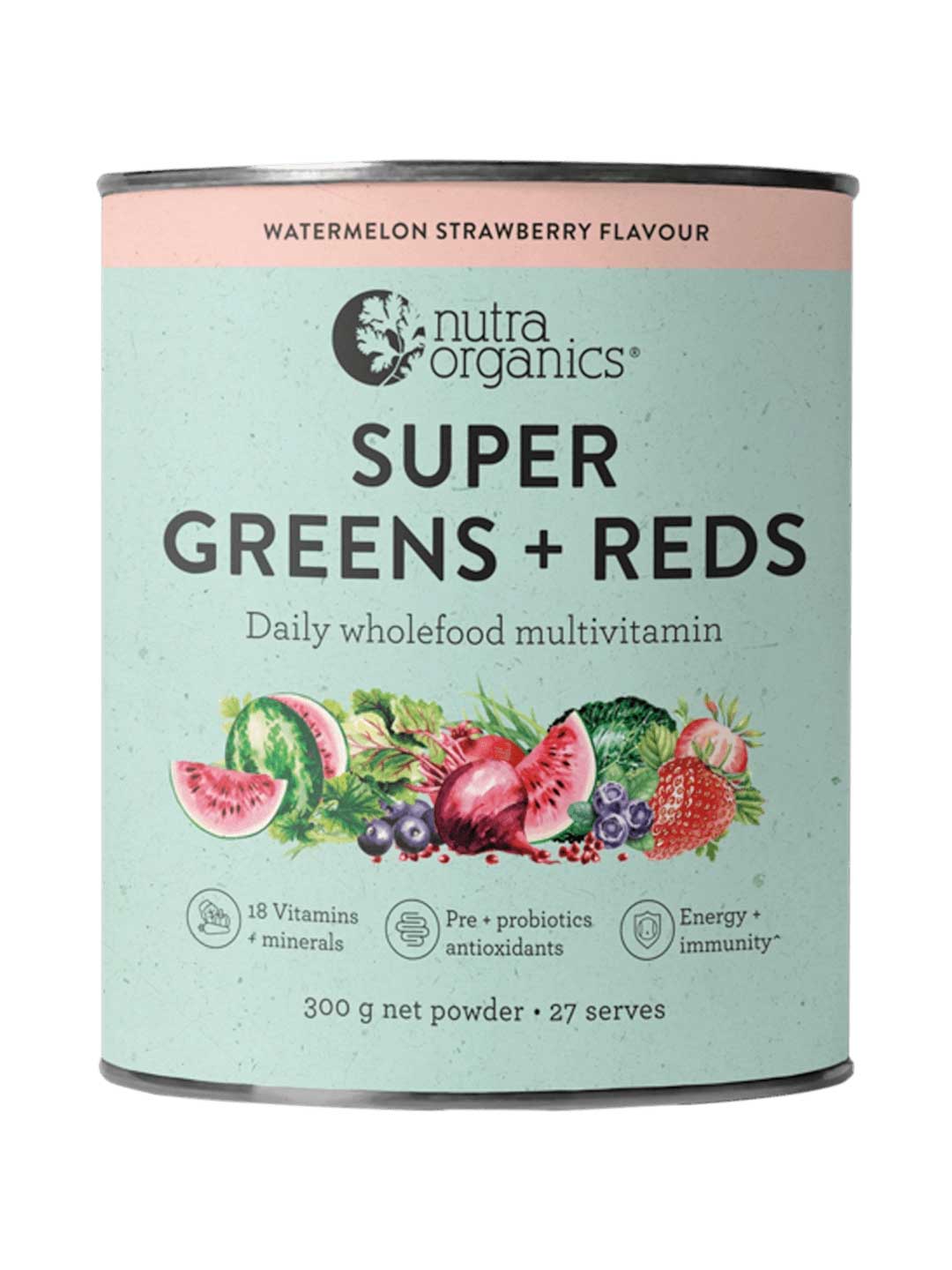 A 300g canister of Nutra Organics Super Greens + Reds Watermelon Strawberry provides 27 serves, features 18 vitamins and minerals, antioxidants, probiotics, immune support, and fruit images on the label.