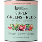 A 300g canister of Nutra Organics Super Greens + Reds Watermelon Strawberry provides 27 serves, features 18 vitamins and minerals, antioxidants, probiotics, immune support, and fruit images on the label.