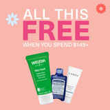 Pink background with FREE Sample Box with Orders $149+ from Clean Nectarine in bold. Below: Weleda Skin Food lotion, Dr. Bronner’s Pure Castile Soap, LAMAV Hyaluronic Hydra-Max Cream & deluxe samples. Floral graphics on corners.