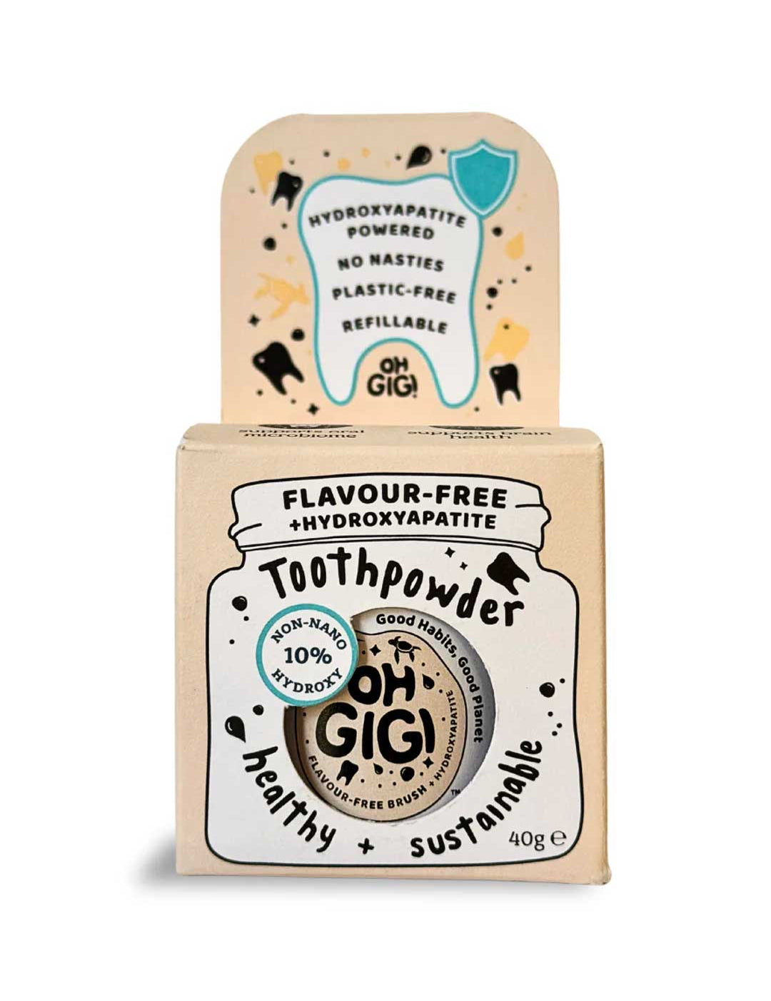 Oh Gigi Hydroxyapatite Tooth Powder - Flavour-Free packaging with branding and product details on a white background