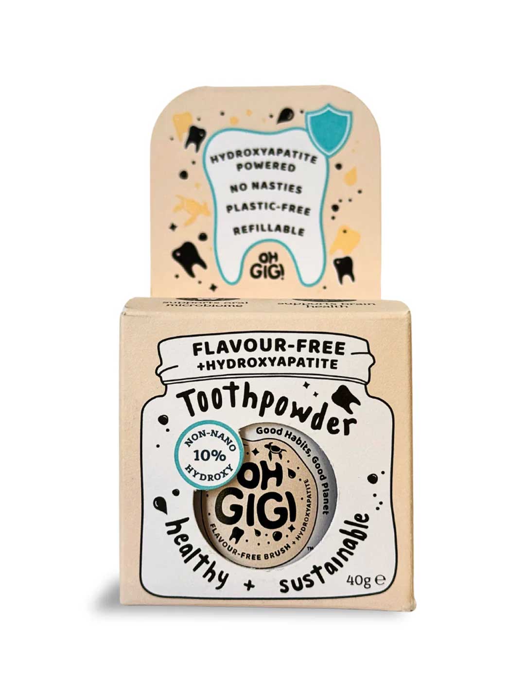 Oh Gigi Hydroxyapatite Tooth Powder - Flavour-Free packaging with branding and product details on a white background