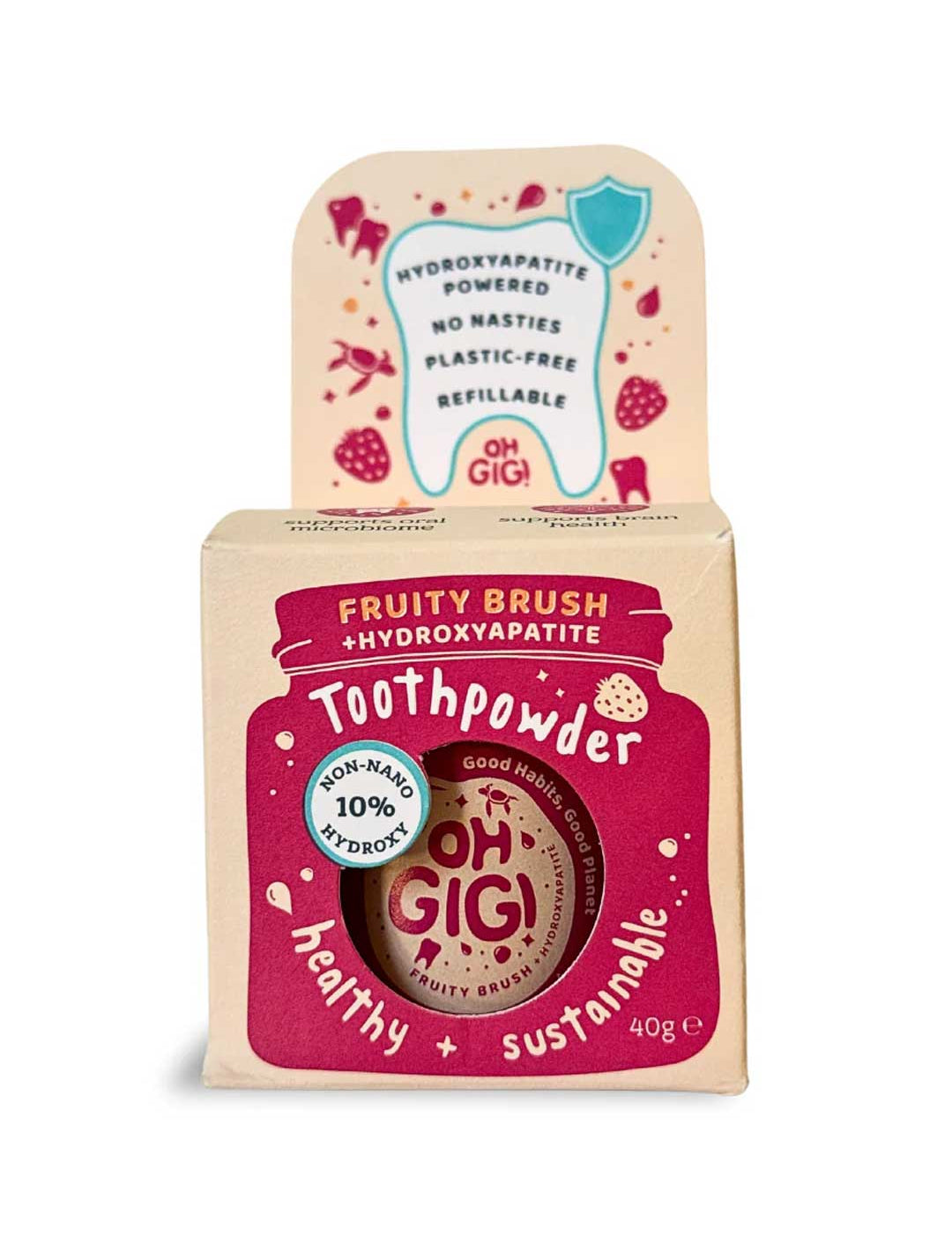 Oh Gigi Hydroxyapatite Tooth Powder - Fruity Brush packaging with a toothbrush on a white background