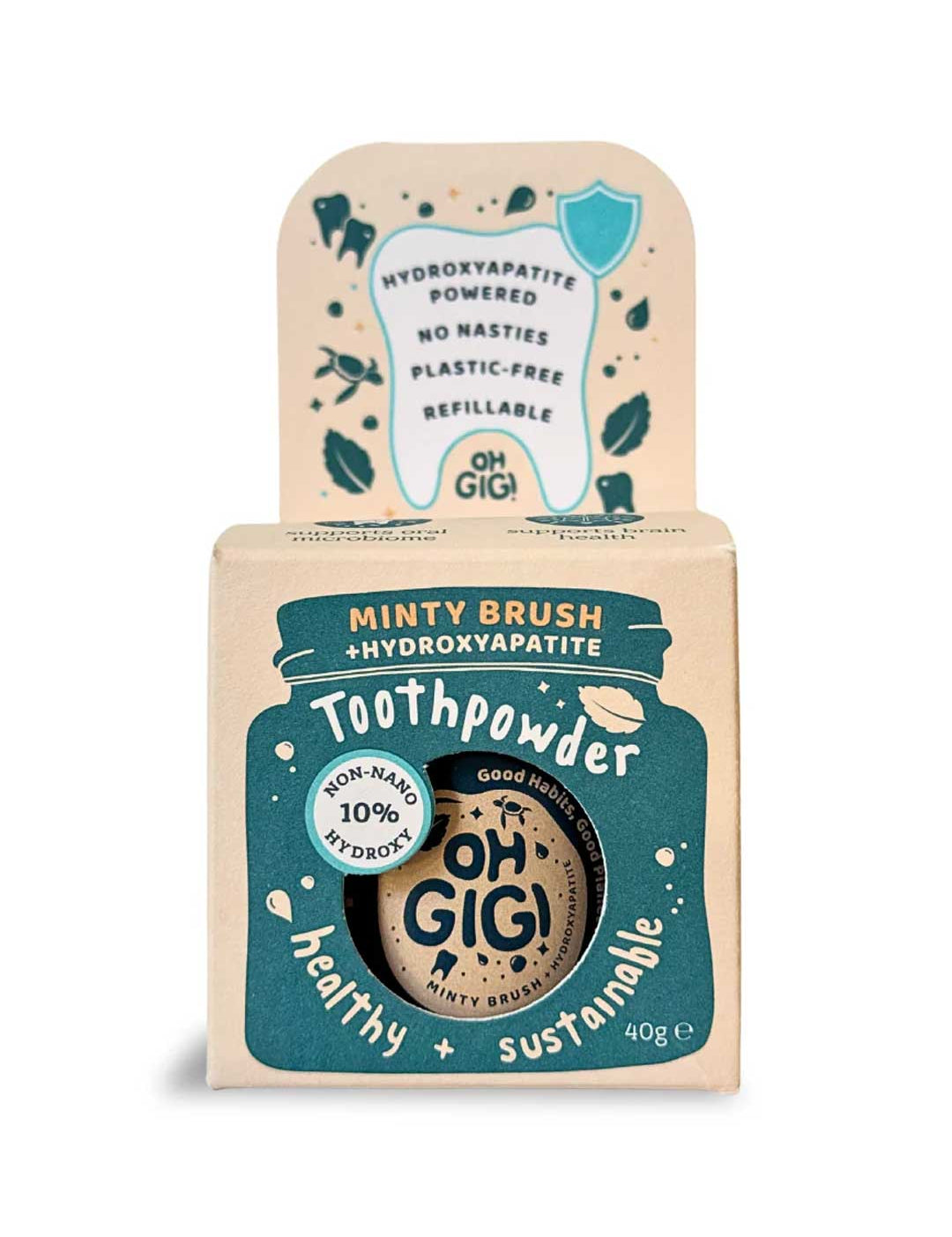 Oh Gigi Hydroxyapatite Tooth Powder - Minty Brush packaging with a toothbrush on a white background