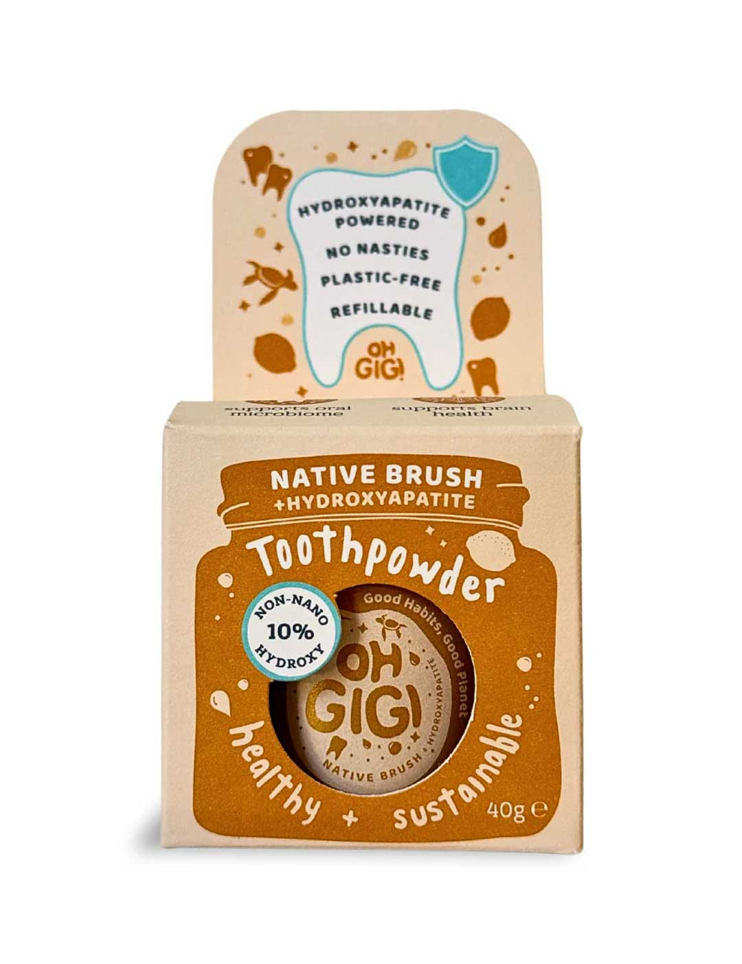 Oh Gigi Hydroxyapatite Tooth Powder - Native Brush packaging with branding and product details on a white background