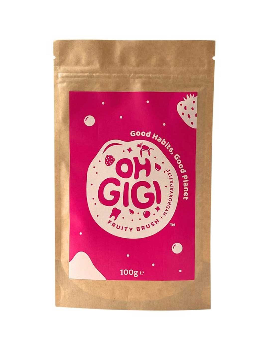 Kraft paper packaging with a pink label featuring Oh Gigi Hydroxyapatite Tooth Powder 100g Refill - Fruity Brush on a white background.