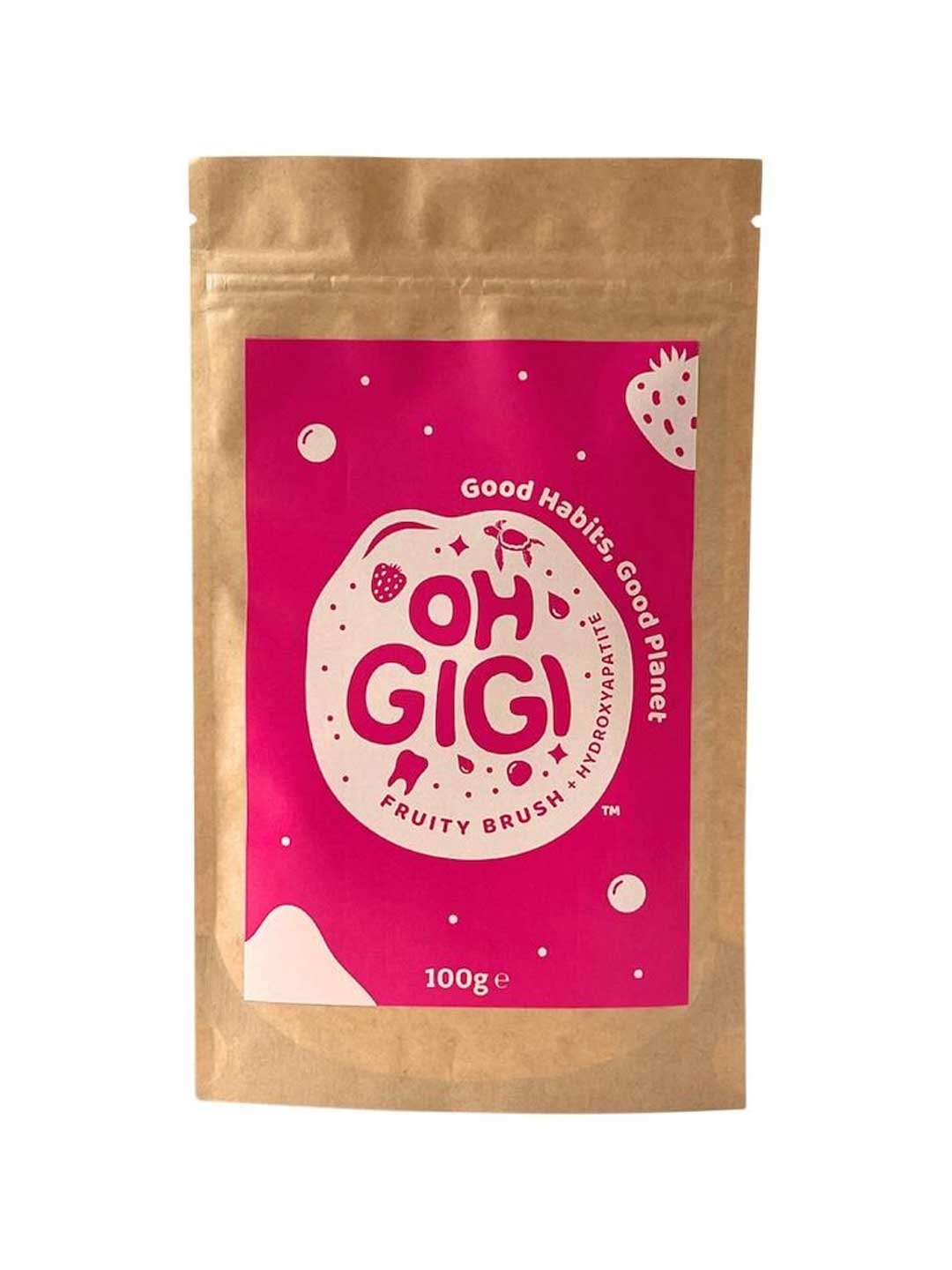 Kraft paper packaging with a pink label featuring Oh Gigi Hydroxyapatite Tooth Powder 100g Refill - Fruity Brush on a white background.