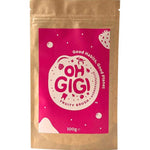 Kraft paper packaging with a pink label featuring Oh Gigi Hydroxyapatite Tooth Powder 100g Refill - Fruity Brush on a white background.