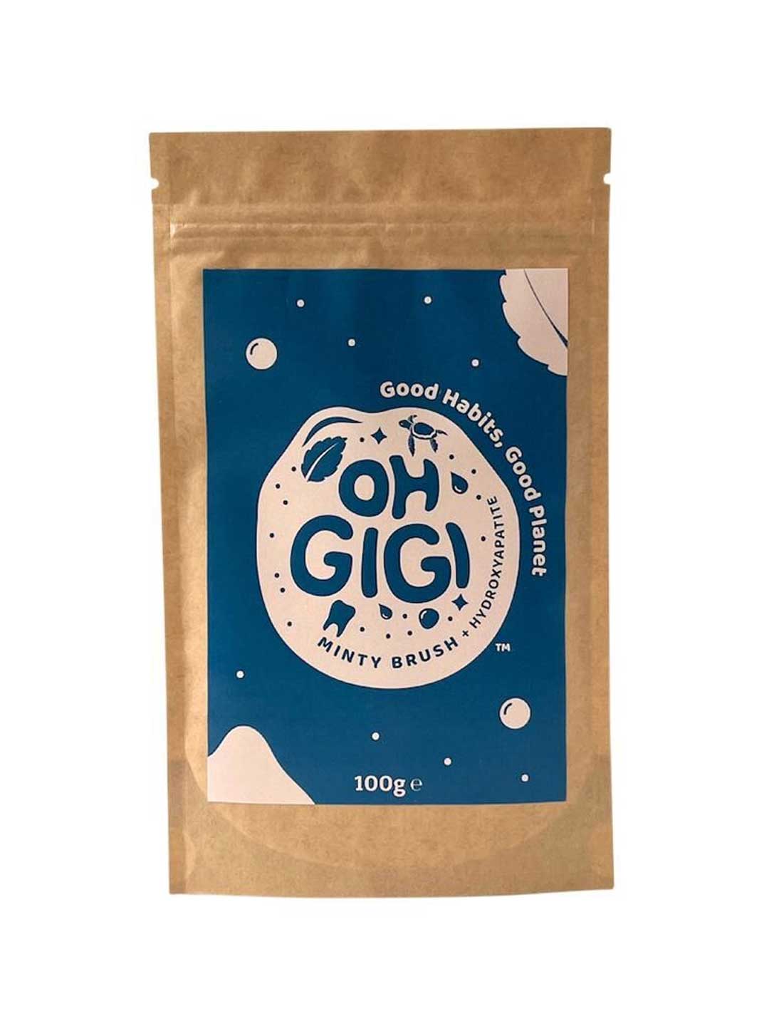 Kraft paper packaging with blue label featuring Oh Gigi Hydroxyapatite Tooth Powder 100g Refill - Minty Brush on a white background