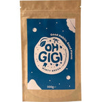Kraft paper packaging with blue label featuring Oh Gigi Hydroxyapatite Tooth Powder 100g Refill - Minty Brush on a white background