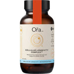 A brown bottle labeled Ora Cellular Longevity Complex 60 caps with a white and orange label. Benefits include reducing oxidative stress, supporting cellular energy, and promoting longevity. Made with 100% vegan ingredients.