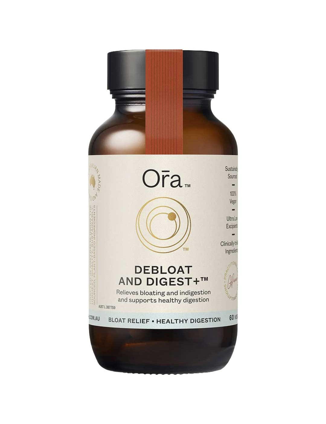 Ora Debloat and Digest 60 Caps comes in a brown bottle with a cream-colored label and gold accents, offering digestive enzymes to relieve bloating, support healthy digestion, and promote overall gut comfort.