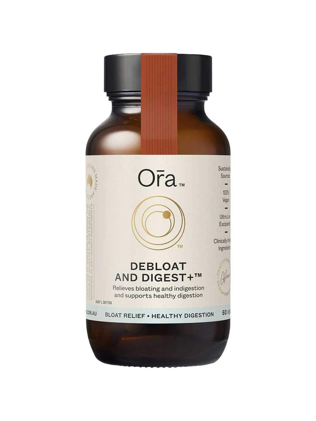Ora Debloat and Digest 60 Caps comes in a brown bottle with a cream-colored label and gold accents, offering digestive enzymes to relieve bloating, support healthy digestion, and promote overall gut comfort.