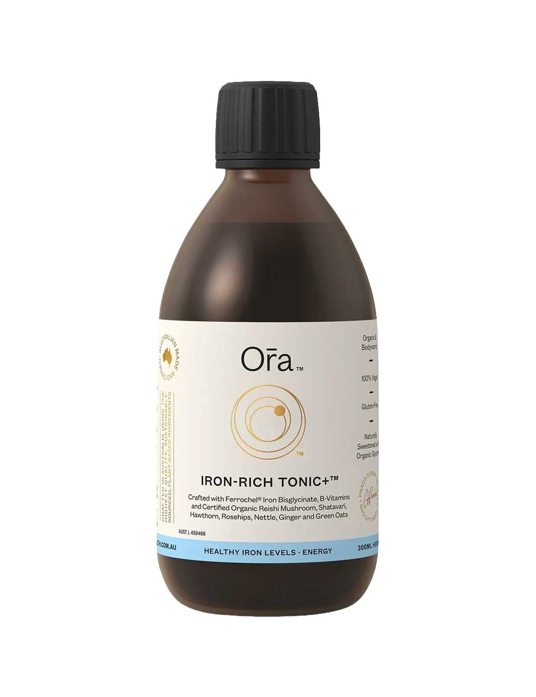 A brown bottle with a black cap labeled Ora Iron-Rich Tonic+ Herbal Oral Liquid 300ml, featuring iron, B vitamins, and organic herbs to support healthy iron levels and energy.