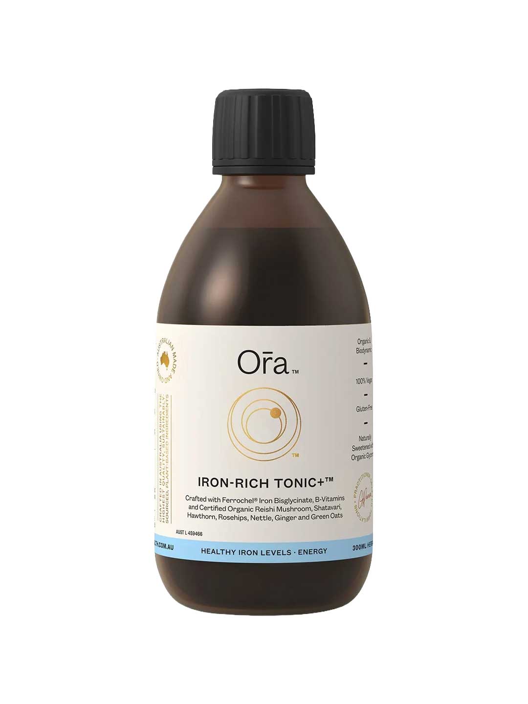A brown bottle with a black cap labeled Ora Iron-Rich Tonic+ Herbal Oral Liquid 300ml, featuring iron, B vitamins, and organic herbs to support healthy iron levels and energy.
