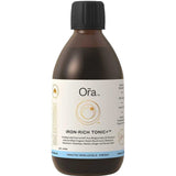 A brown bottle with a black cap labeled Ora Iron-Rich Tonic+ Herbal Oral Liquid 300ml, featuring iron, B vitamins, and organic herbs to support healthy iron levels and energy.