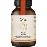 A brown bottle labeled Ora Mag3 Mood Powder 150g, a magnesium supplement that supports healthy muscles, mood balance, and stress relief. The label highlights benefits for muscle function and emotional well-being.