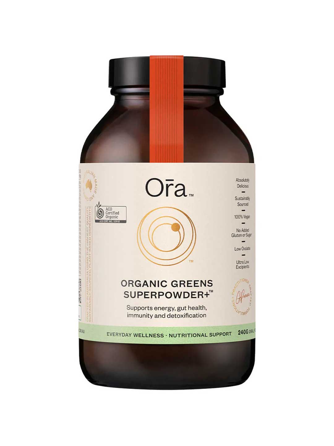 A brown plastic bottle with a black lid labeled "Ora Health Organic Greens Superpowder+ 240g," an organic greens powder featuring adaptogenic herbs for energy, gut health, immunity, and detox benefits. Shown on a white background.