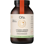 A brown plastic bottle with a black lid labeled "Ora Health Organic Greens Superpowder+ 240g," an organic greens powder featuring adaptogenic herbs for energy, gut health, immunity, and detox benefits. Shown on a white background.