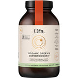 A brown plastic bottle with a black lid labeled "Ora Health Organic Greens Superpowder+ 240g," an organic greens powder featuring adaptogenic herbs for energy, gut health, immunity, and detox benefits. Shown on a white background.
