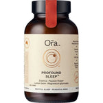 A brown bottle of Ora Profound Sleep Powder 165g features a minimalist design with a circular logo and contains zizyphus, passion flower, lemon balm, and magnesium glycinate to support natural sleep.