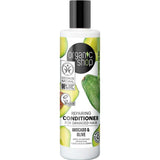 A white 280ml bottle of Organic Shop Avocado & Olive Repairing Conditioner for damaged hair with vegan and organic logos, avocado imagery, a black cap, and labelled as sulphate free.