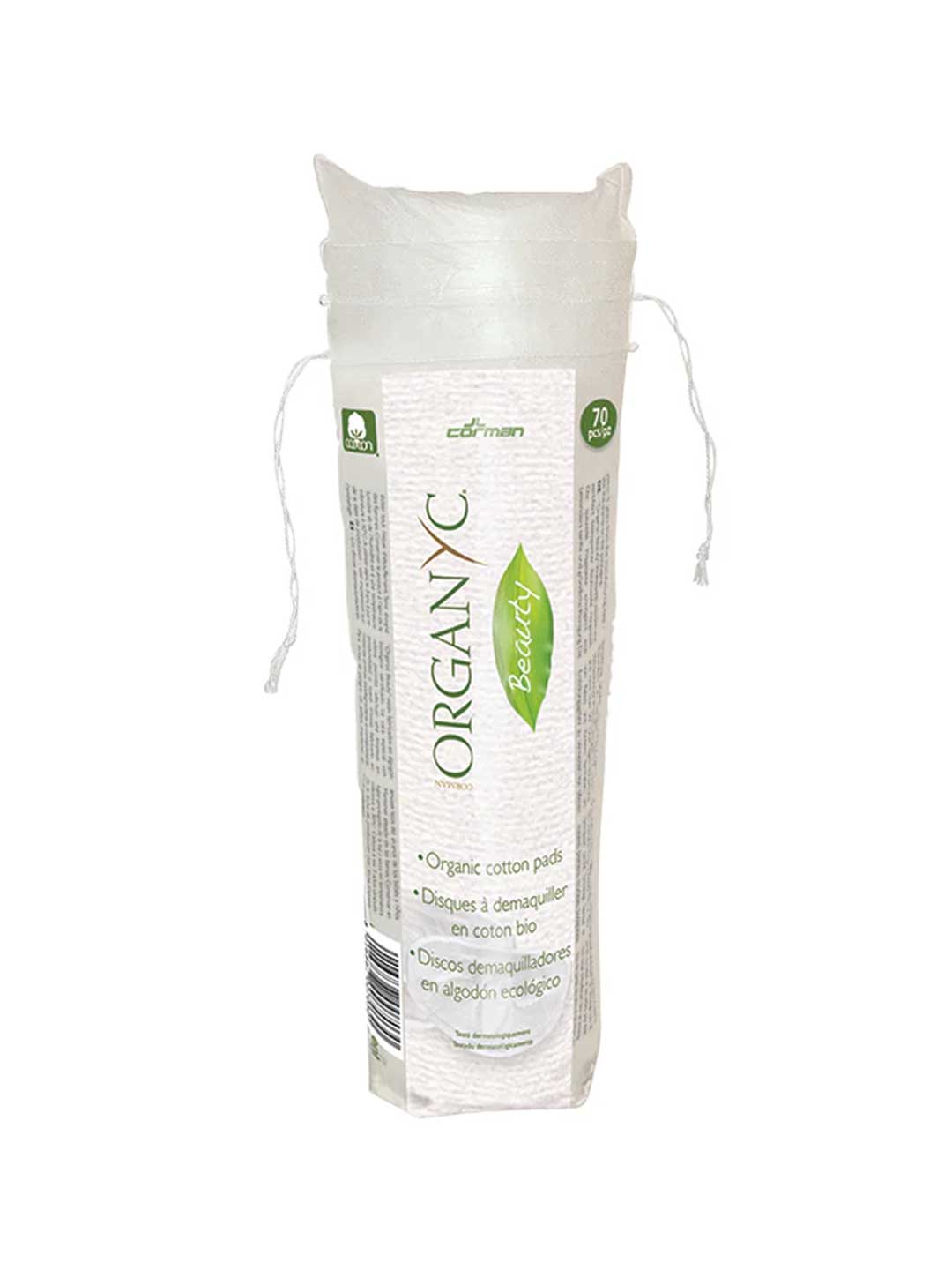 Organyc Beauty Certified Organic Cotton Pads for sensitive skin come in a cylindrical package with a drawstring top, white packaging, and a green label stating 70 biodegradable pads in English, French, and Spanish.