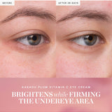 Side-by-side close-ups of an eye and eyebrow labelled Before and After 28 Days, with the under-eye area appearing lighter in the second photo. KORA's Kakadu Plum Vitamin C Eye Cream caption says it brightens while firming the under-eye area.