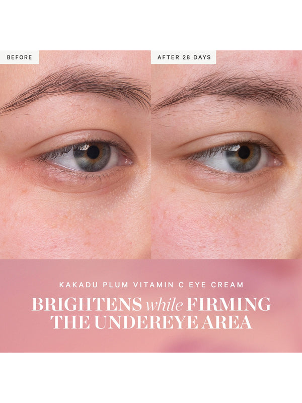 Side-by-side close-ups of an eye and eyebrow labelled Before and After 28 Days, with the under-eye area appearing lighter in the second photo. KORA's Kakadu Plum Vitamin C Eye Cream caption says it brightens while firming the under-eye area.