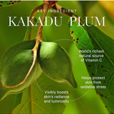 KORA Kakadu Plum ingredient graphic showing two green oval fruits hanging among leaves. Text calls it the world's richest natural vitamin C source and says it boosts skin radiance and helps protect against oxidative stress.