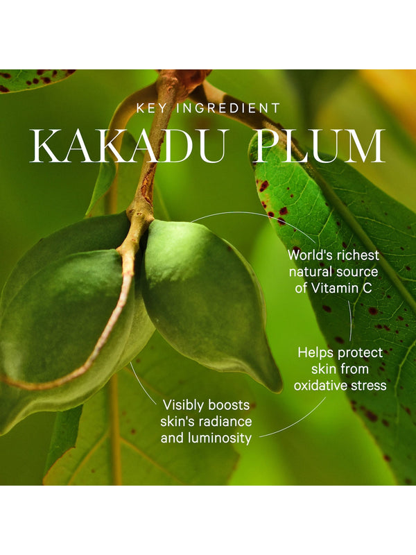 KORA Kakadu Plum ingredient graphic showing two green oval fruits hanging among leaves. Text calls it the world's richest natural vitamin C source and says it boosts skin radiance and helps protect against oxidative stress.