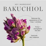 KORA Bakuchiol ingredient graphic showing a cluster of purple and pink flowers on a green stem. Text says it reduces the appearance of fine lines and wrinkles, firms and strengthens skin, and improves radiance.