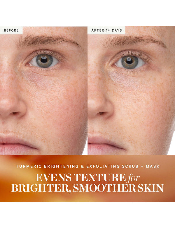 Before and after results from KORA Organics Turmeric Brightening and Exfoliating Scrub + Mask