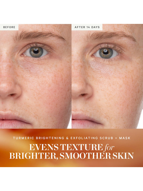 Before and after results from KORA Organics Turmeric Brightening and Exfoliating Scrub + Mask