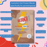 She BANG! Peri Protein POWder with KSM-66® Ashwagandha (Milk Chocolate, 420g) is highlighted for perimenopause support, high protein, low carb, vegan-friendly, full amino acid profile, organic ingredients, and added ashwagandha.
