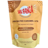 She BANG! Peri Salted Caramel Latte, 300g—beige and orange pouch with collagen peptides and magnesium glycinate, supports PMS and peri/menopause, caffeine-free, formulated for women.