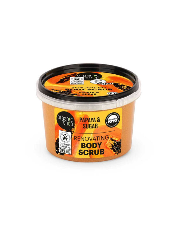 A sealed 250ml tub of Organic Shop Papaya and Sugar Body Scrub, featuring an orange label with papaya images. Enjoy a fresh, natural exfoliator experience with this organic product.