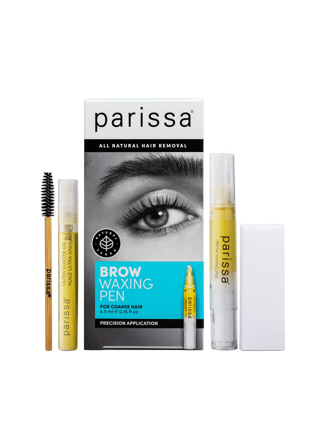 Parissa Brow Waxing Pen 4.5ml is an at-home kit with a yellow waxing pen, spoolie brush, small vial, and white strips in a box featuring an eye image—everything you need for flawless brows.