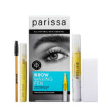 Parissa Brow Waxing Pen 4.5ml is an at-home kit with a yellow waxing pen, spoolie brush, small vial, and white strips in a box featuring an eye image—everything you need for flawless brows.