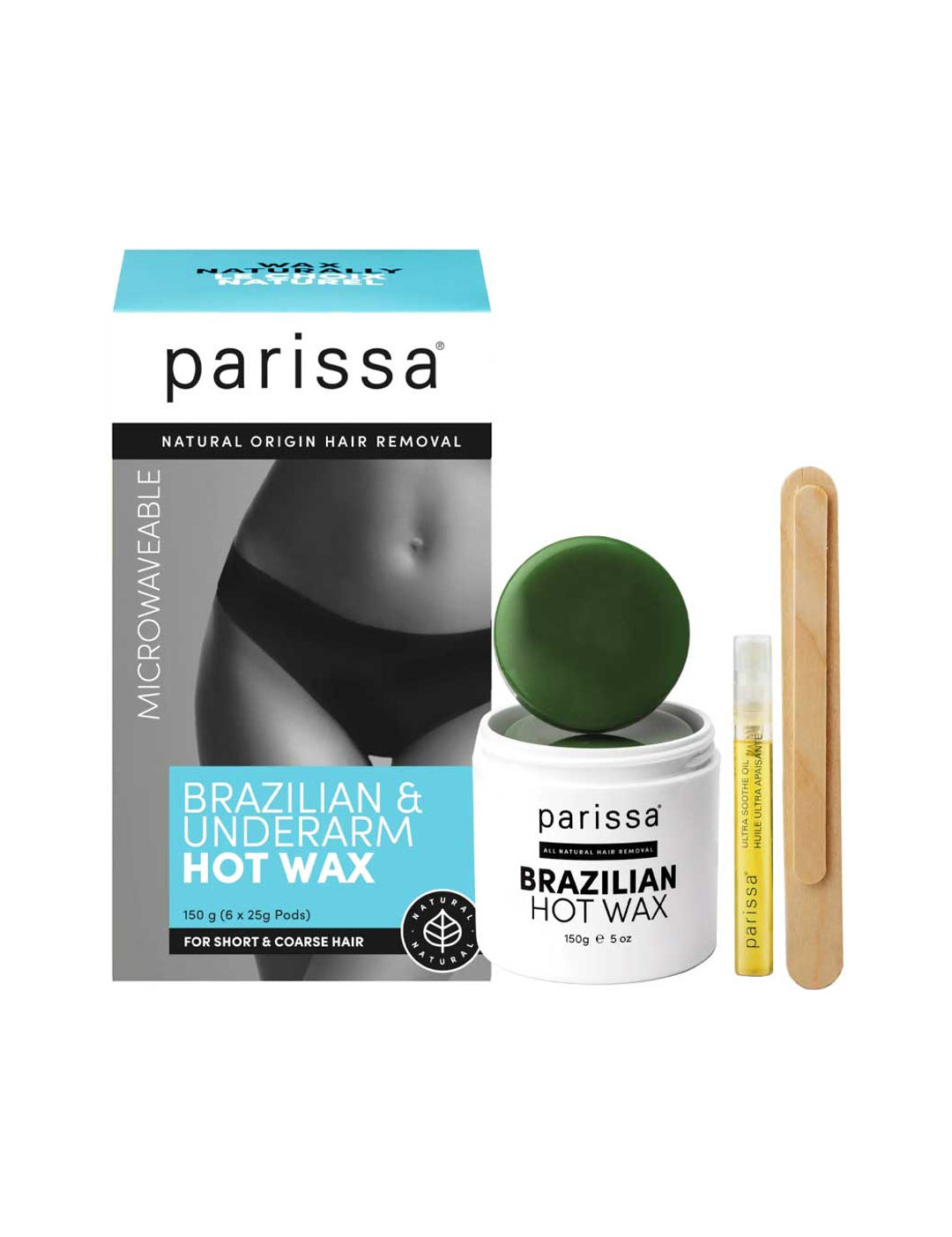 Parissa Hot Wax Brazilian and Underarm 150g kit on a white background