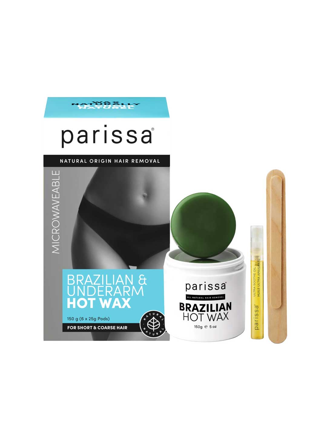 Parissa Hot Wax Brazilian and Underarm 150g kit includes a box, wax jar, oil vial, and two wooden spatulas. This no-strip wax removes short and coarse hair for smooth underarms. Box displays the product name and a woman’s midsection in black underwear.