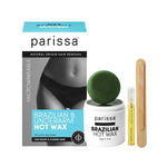 Parissa Hot Wax Brazilian and Underarm 150g kit includes a box, wax jar, oil vial, and two wooden spatulas. This no-strip wax removes short and coarse hair for smooth underarms. Box displays the product name and a woman’s midsection in black underwear.