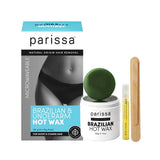 Parissa Hot Wax Brazilian and Underarm 150g kit includes a box, wax jar, oil vial, and two wooden spatulas. This no-strip wax removes short and coarse hair for smooth underarms. Box displays the product name and a woman’s midsection in black underwear.