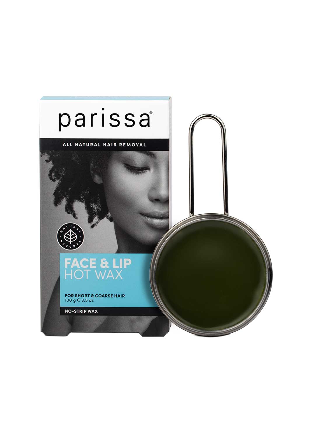 A box of Parissa No-Strip Hot Wax Face and Lip 100g for short, coarse hair stands next to an open metal tin of dark green wax; the box displays a close-up image of a woman's face with curly hair.