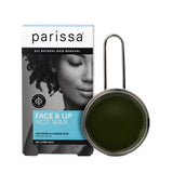 A box of Parissa No-Strip Hot Wax Face and Lip 100g for short, coarse hair stands next to an open metal tin of dark green wax; the box displays a close-up image of a woman's face with curly hair.