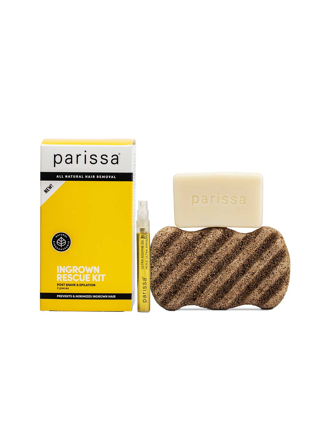 Parissa Ingrown Rescue Kit 3pc, an effective ingrown hair treatment, includes a yellow and white box, small bottle, rectangular bar, and brown exfoliating pad—perfect for soothing inflamed skin.