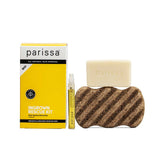 Parissa Ingrown Rescue Kit 3pc, an effective ingrown hair treatment, includes a yellow and white box, small bottle, rectangular bar, and brown exfoliating pad—perfect for soothing inflamed skin.