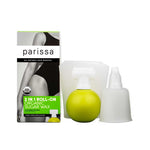 A box labeled “Parissa Organic 2 in 1 Roll-On Sugar Wax 140ml” is shown with a green roll-on applicator, white wax strips, and a clear cap—offering natural, hypoallergenic hair removal with organic sugar wax.