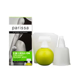 A box labeled “Parissa Organic 2 in 1 Roll-On Sugar Wax 140ml” is shown with a green roll-on applicator, white wax strips, and a clear cap—offering natural, hypoallergenic hair removal with organic sugar wax.