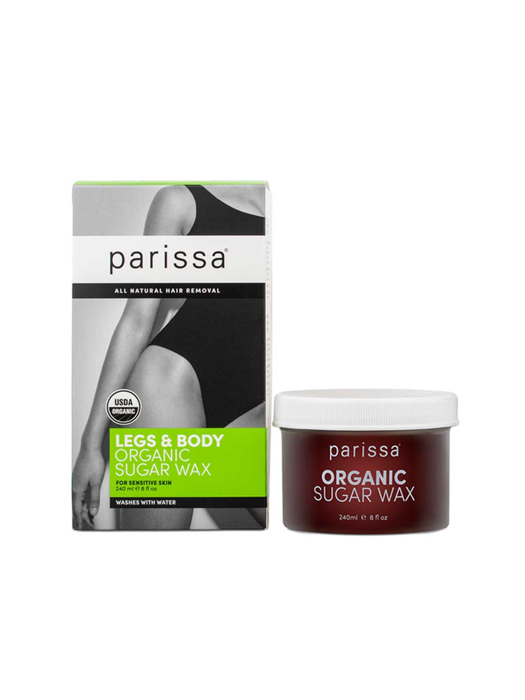 A box of Parissa Organic Sugar Wax Legs & Body for sensitive skin, featuring a woman in a black swimsuit. The USDA Organic product offers natural hair removal and includes biodegradable waxing strips.